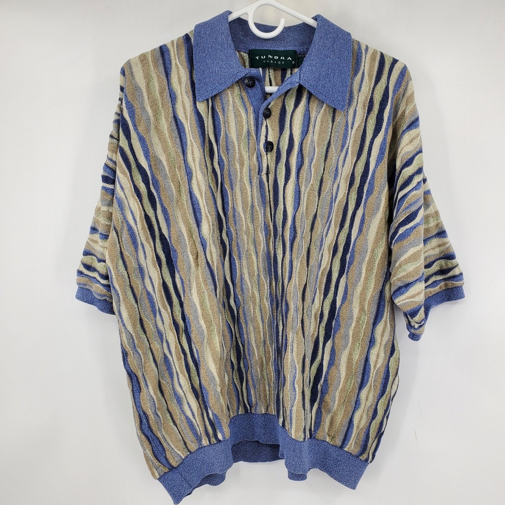 Tundra Canada Mens XXL 3D Textured Knit Polo Sweater Blue Tan Wavy Biggie 90s
